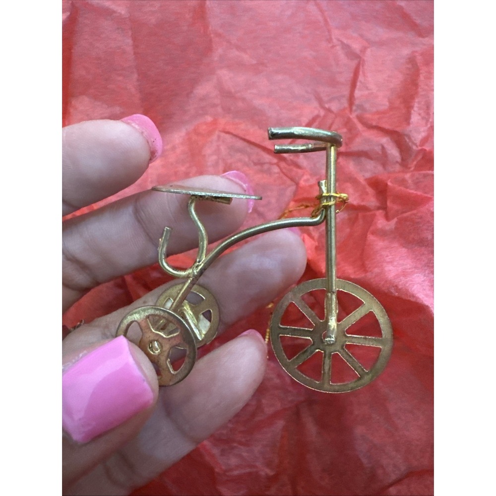 Vintage Christmas Ornament Figurine Metal Wire Tricycle Bike Bicycle Goldtone
